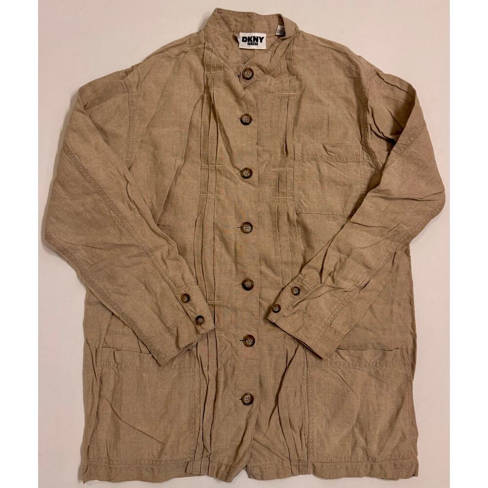 Vintage 00s DKNY Jeans 100% Linen Tan Chore Coat Size 6 Pockets Full Button